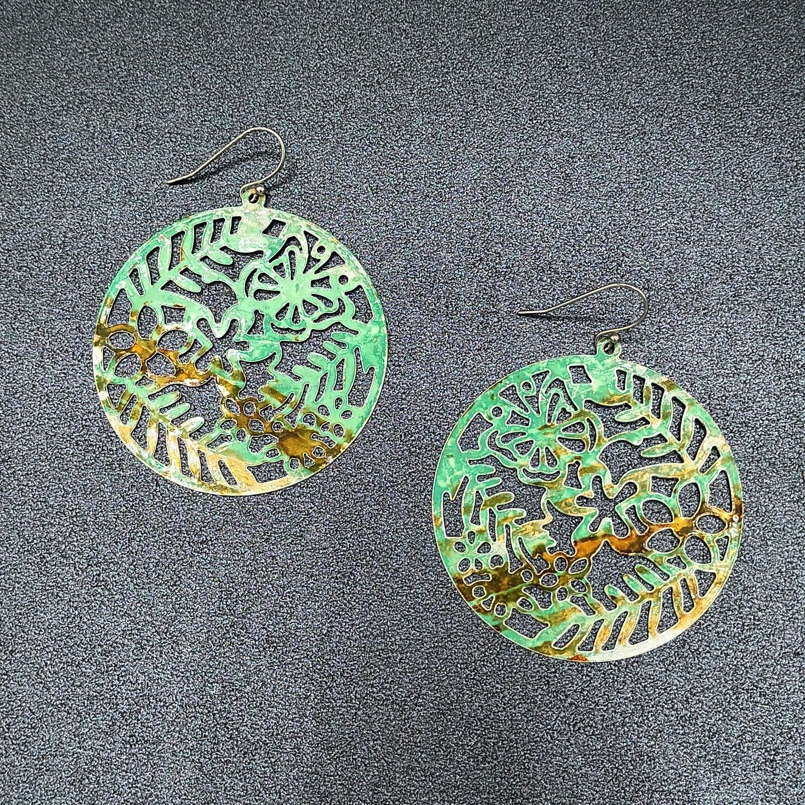 Pierced Earrings Metal Open Work Brown and Green Enamel Medallion Dangle 2"