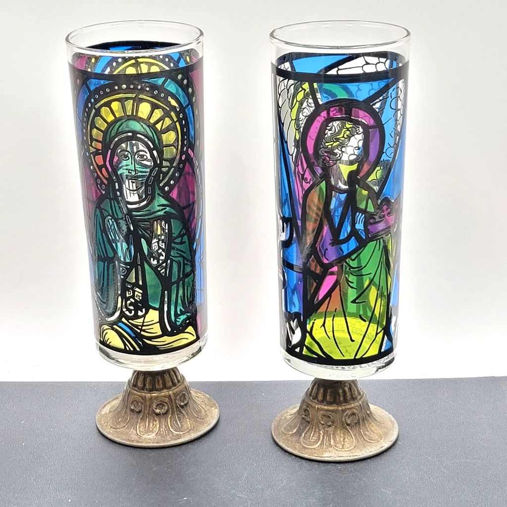 Stained Glass Mosaic Look Candle Holders Brass Base Nu Trend Religious Set of 2