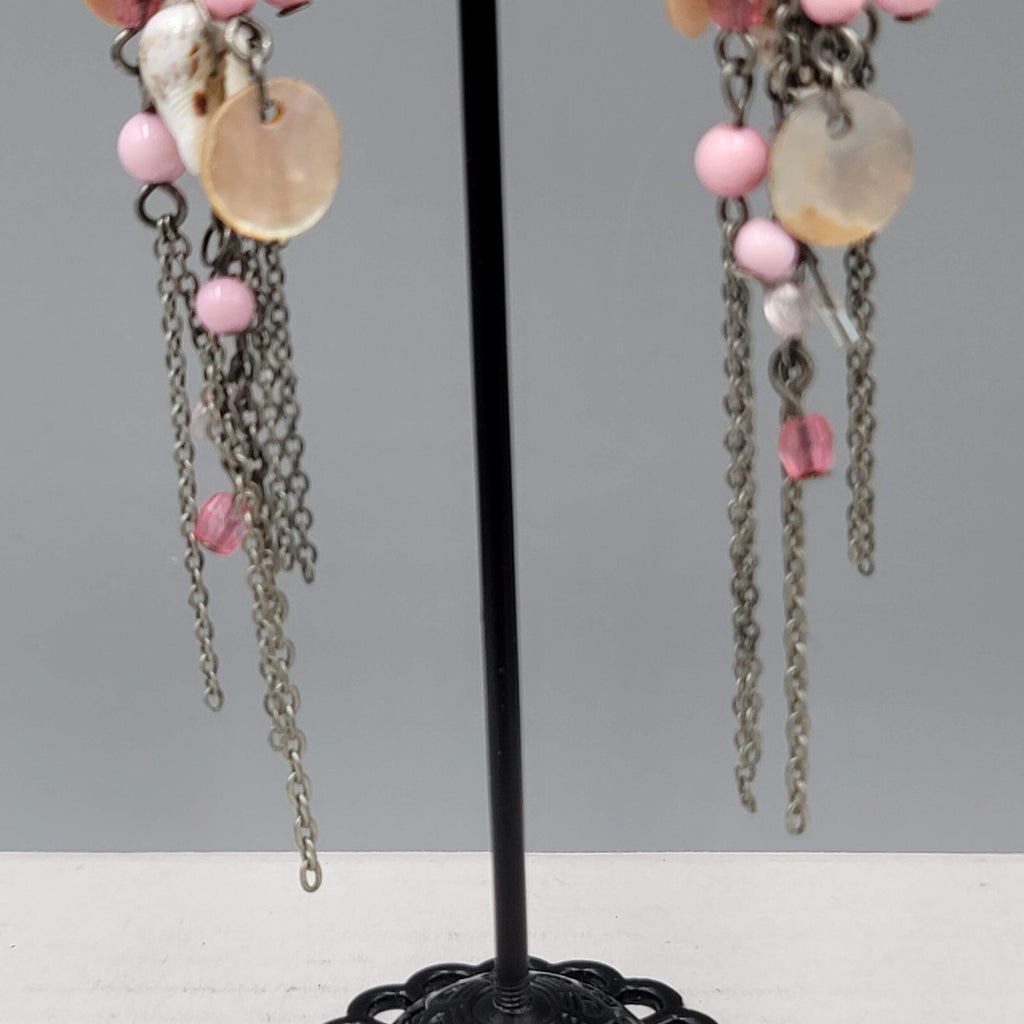 Pink Bead Seashell Pierced Earrings Silver tone Long Dangle Chains 3.25"