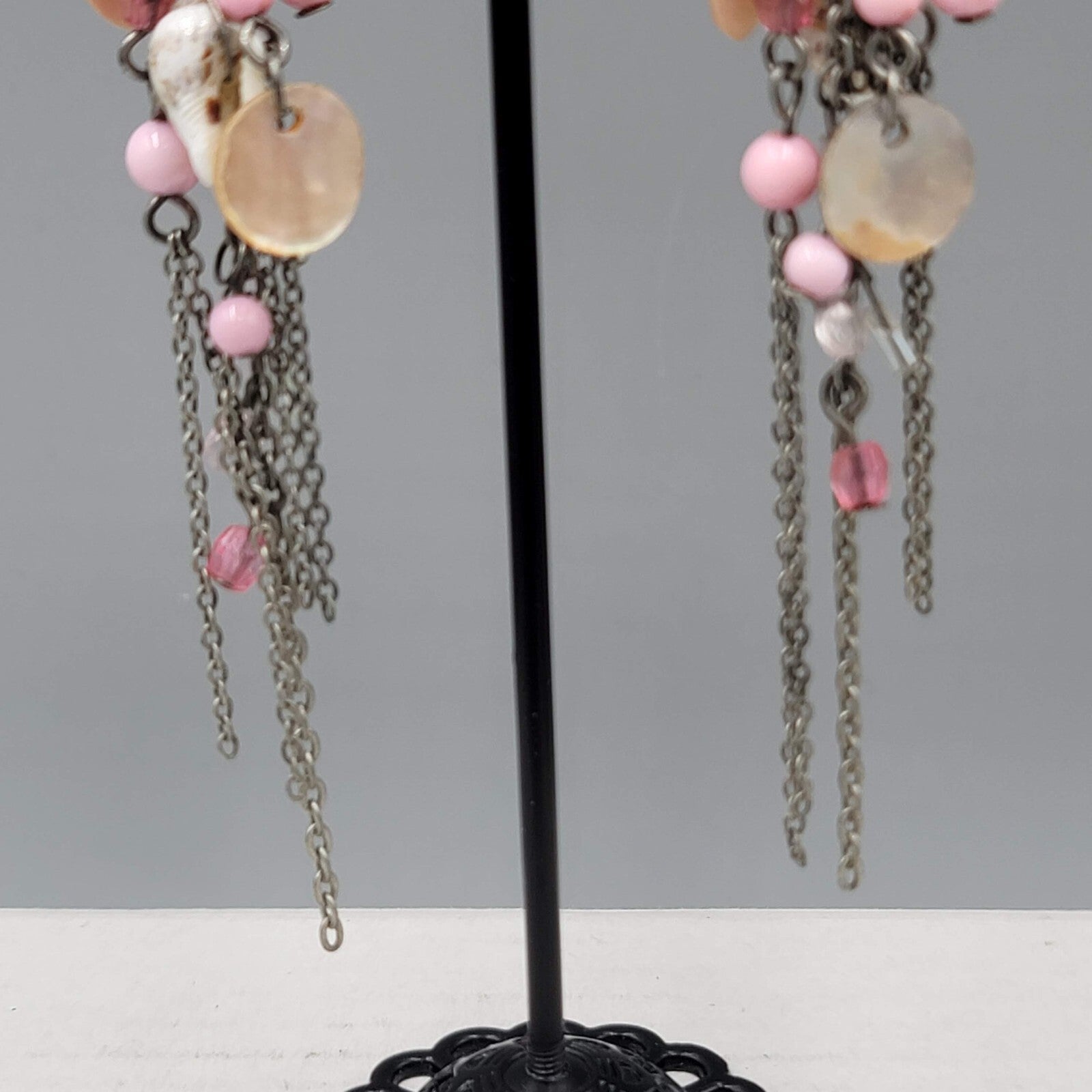 Pink Bead Seashell Pierced Earrings Silver tone Long Dangle Chains 3.25"