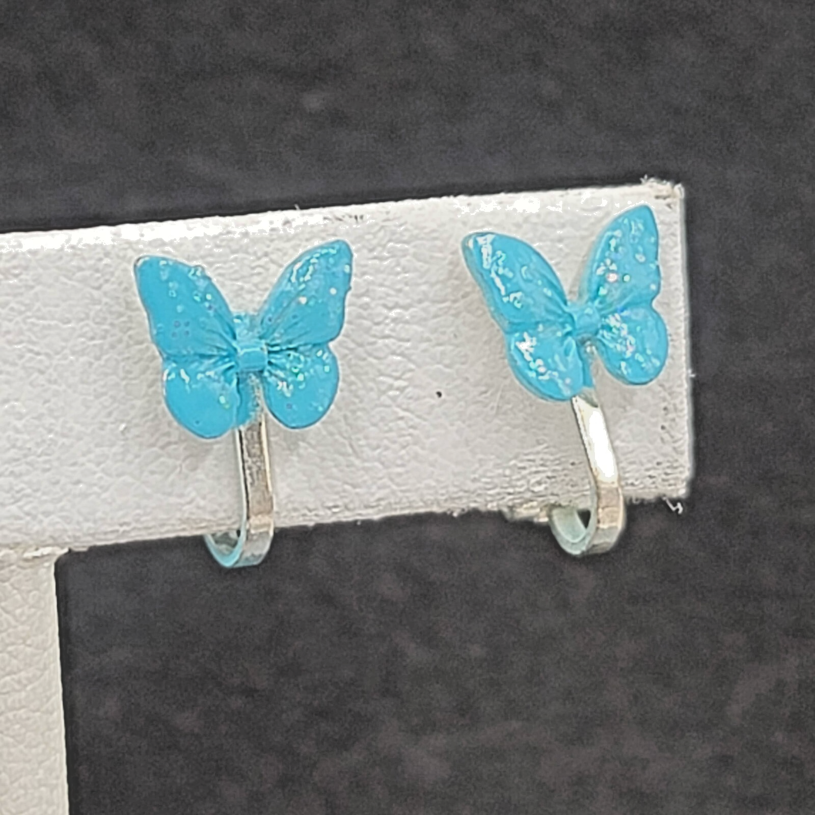 Vintage Clip on Earrings Silver tone Blue Enamel Butterfly Studs 1/4"