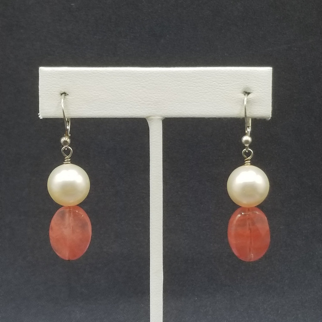 Pierced Earrings Silver tone Faux Pearl Faceted Quartz Beaded Dangle 1 1/4"