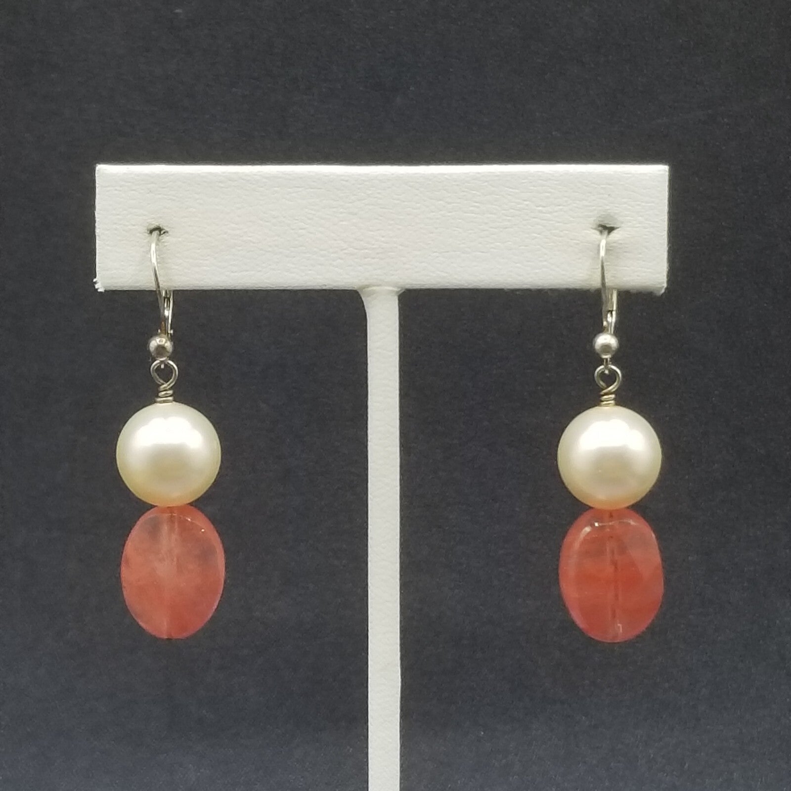Pierced Earrings Silver tone Faux Pearl Faceted Quartz Beaded Dangle 1 1/4"