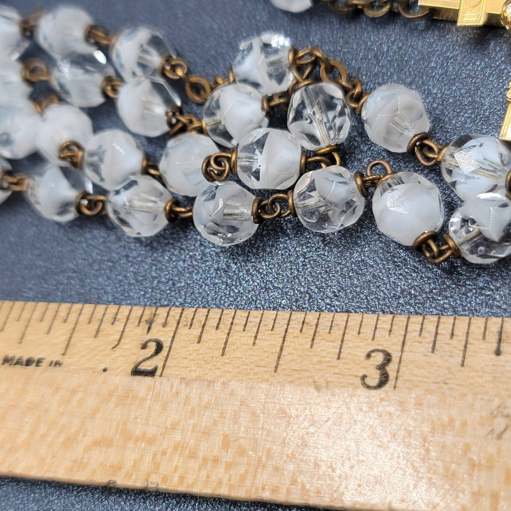 Vintage White Clear Glass Bead Catholic Rosary Crucifix Gold tone