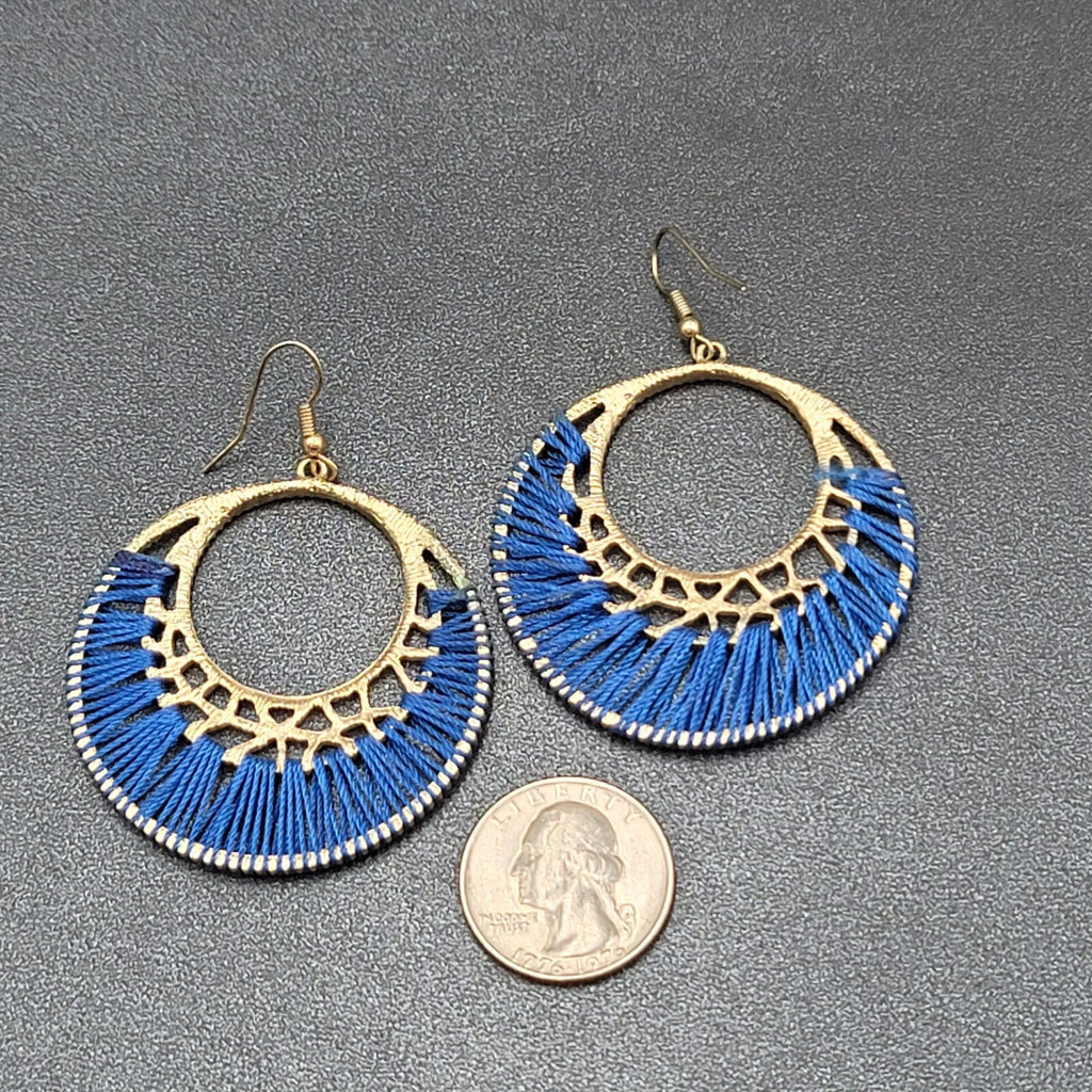 Pierced Earrings Gold tone Royal Blue String Art Dangle Hoops 1 7/8"