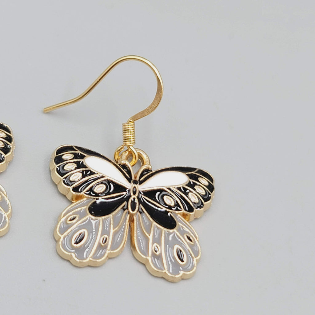 Black Gray Moth Enamel Pierced Earrings Gold tone Dangle Butterfly 3/4"