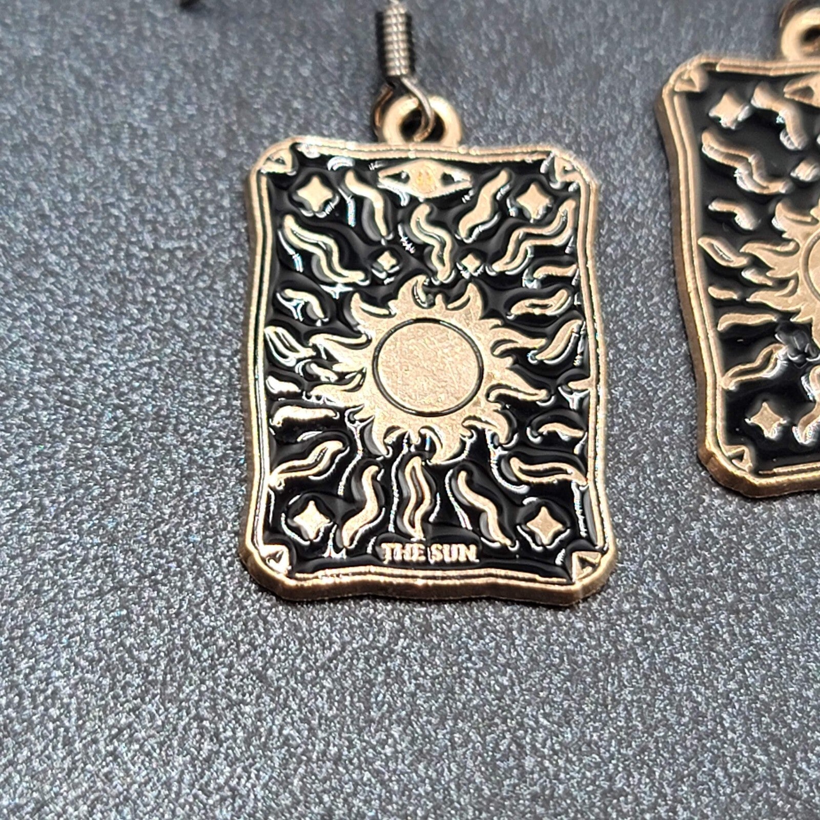 Tarot Card Pierced Earrings The SUN Gold tone Black 1"