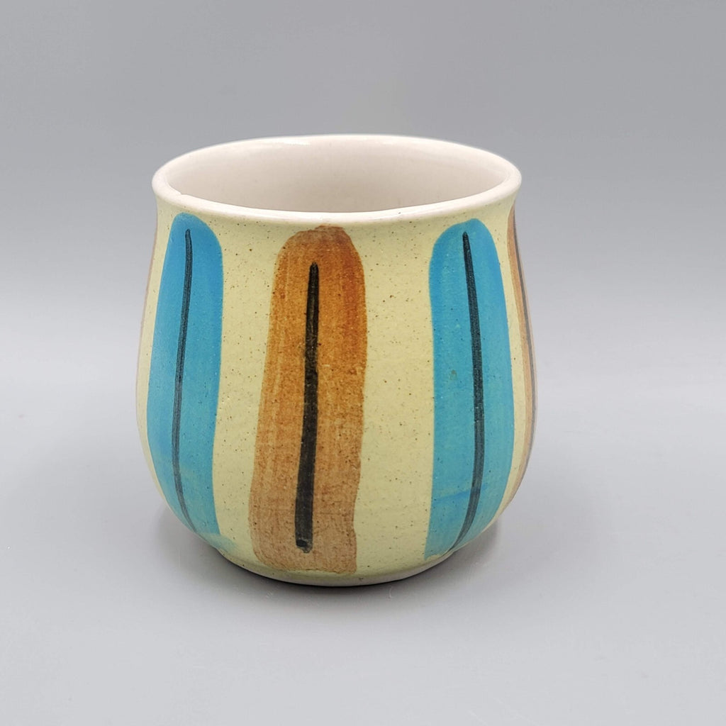 Vintage Small Stoneware Coffee Mug Blue Yellow 8 oz
