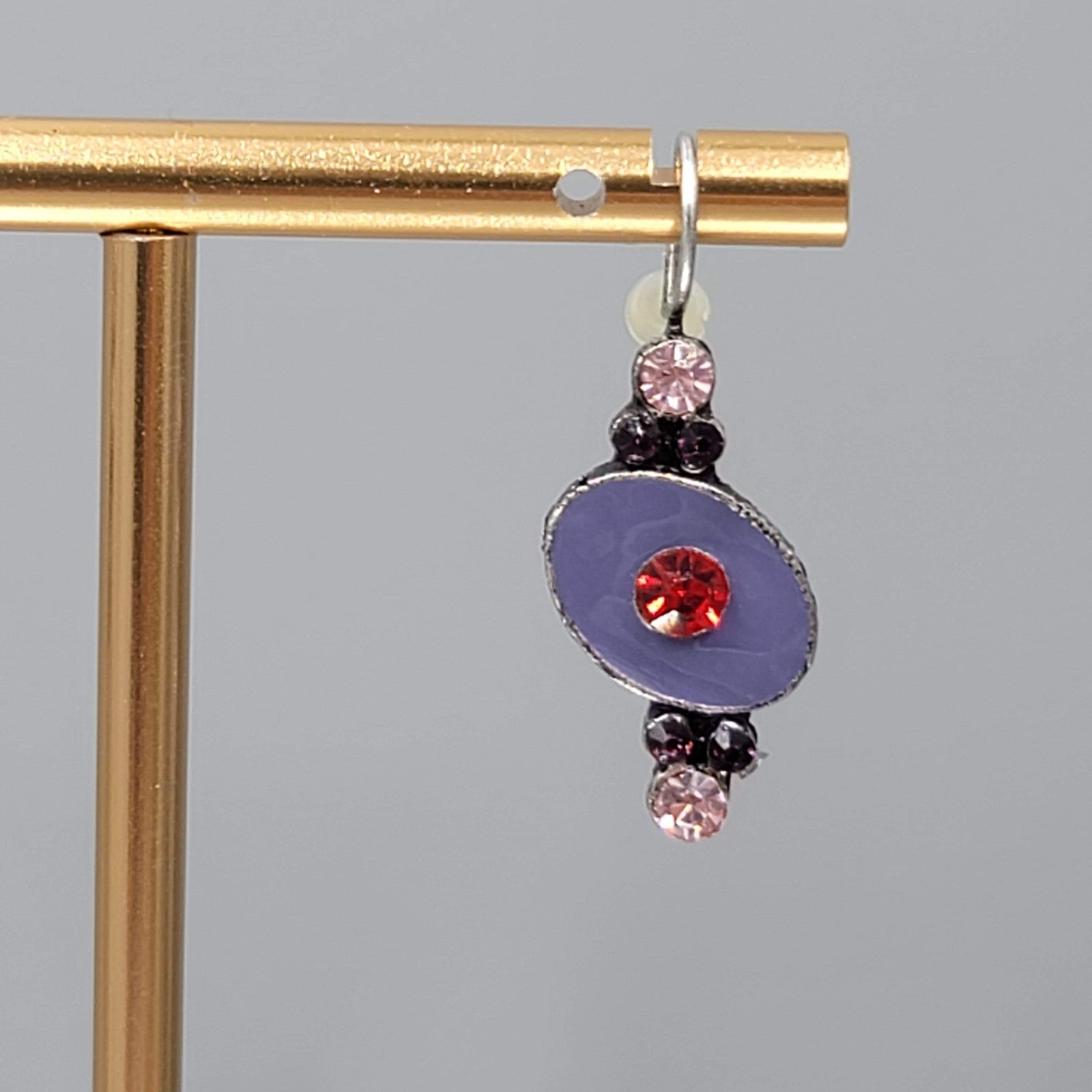 Purple Enamel Red Rhinestone Pierced Earrings Silver tone Drop 7/8"