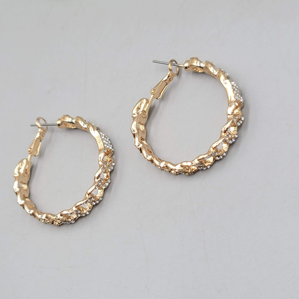 Rhinestone Chain Hoops Pierced Earrings Gold tone 1.25 in