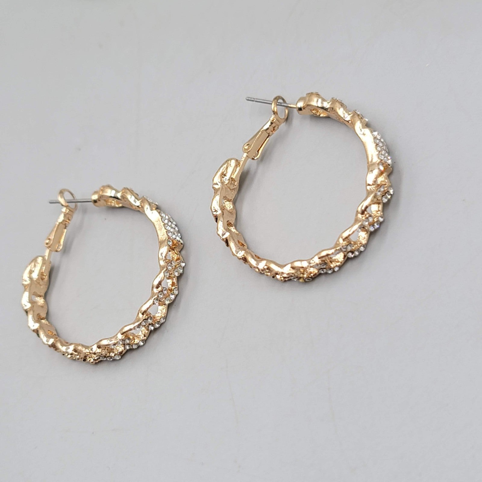 Rhinestone Chain Hoops Pierced Earrings Gold tone 1.25 in