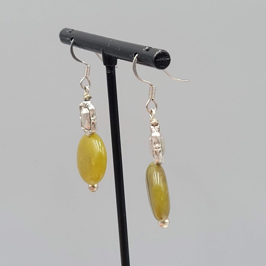 Round Green Stone Pierced Earrings Silver tone Dangle 1.25"
