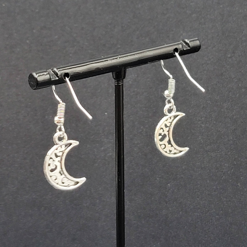 New MOON Pierced Earrings Silver tone Open Work Metal Dangle 5/8"