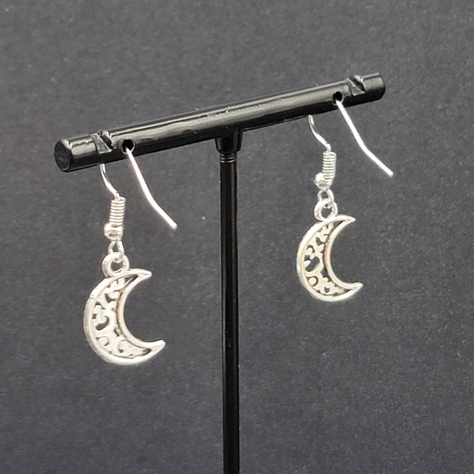 New MOON Pierced Earrings Silver tone Open Work Metal Dangle 5/8"