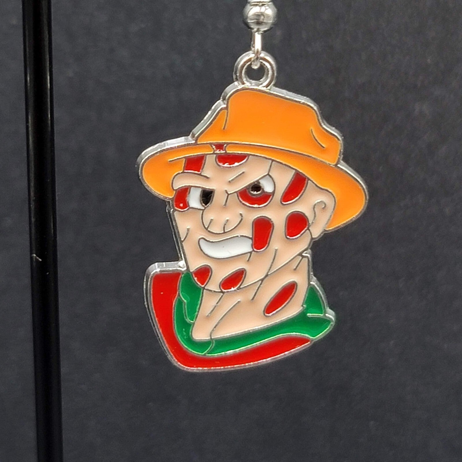 Freddy Krueger Pierced Earrings Enamel Silver tone Horror Movie Dangle 1.25" FS