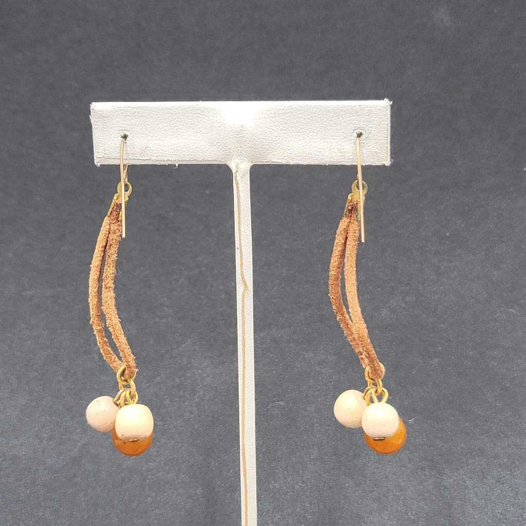 Vintage Boho Pierced Earrings Leather Stone Beaded Dangle 2.25"