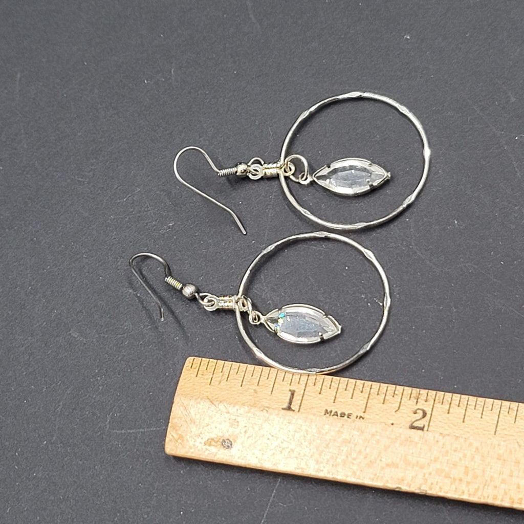 Silver tone Dangle Hoop Pierced Earrings Rhinestone Accent 1.5"