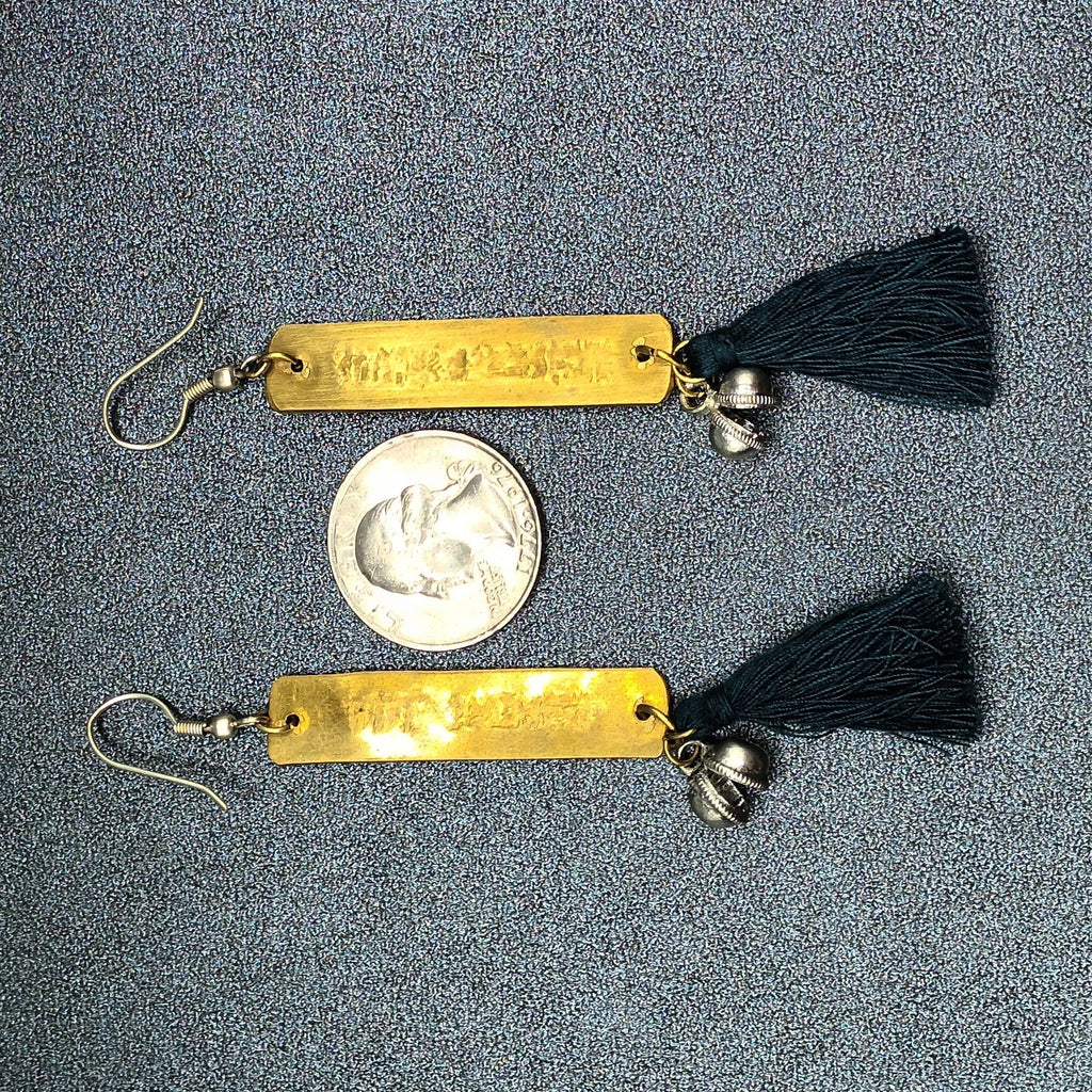 Pierced Earrings "All Things Are Possible" Brass Green Tassel Dangle 3 1/4"