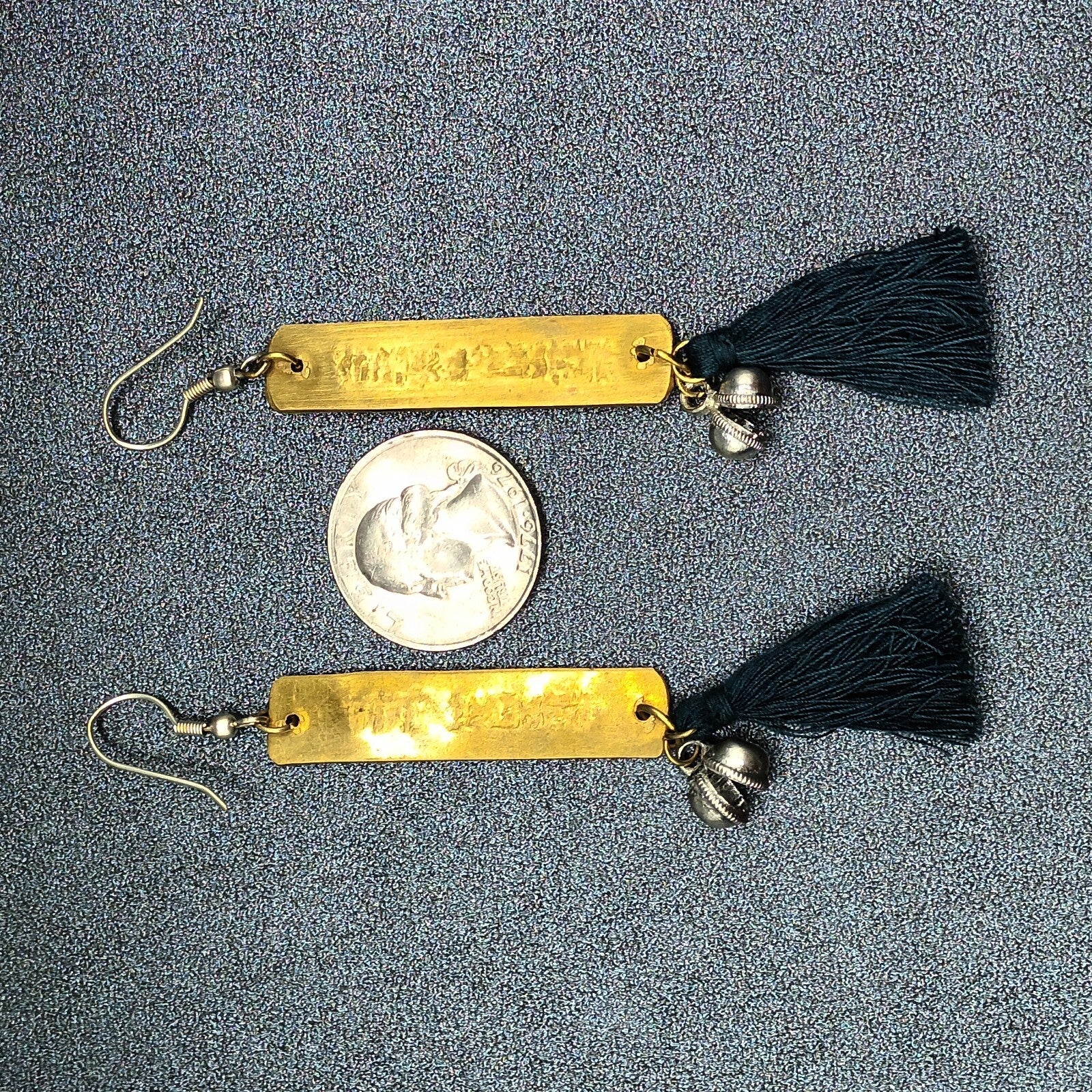 Pierced Earrings "All Things Are Possible" Brass Green Tassel Dangle 3 1/4"