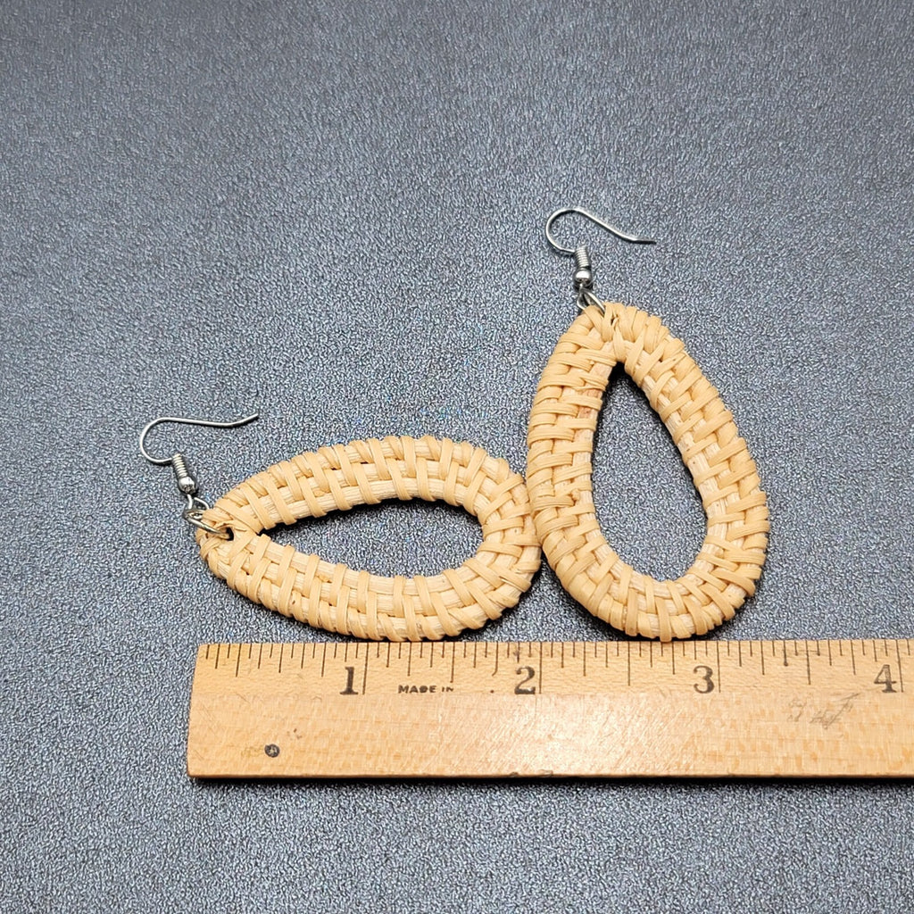 Pierced Earrings Rattan Open Teardrop Dangle Silver tone Hook 2.25"