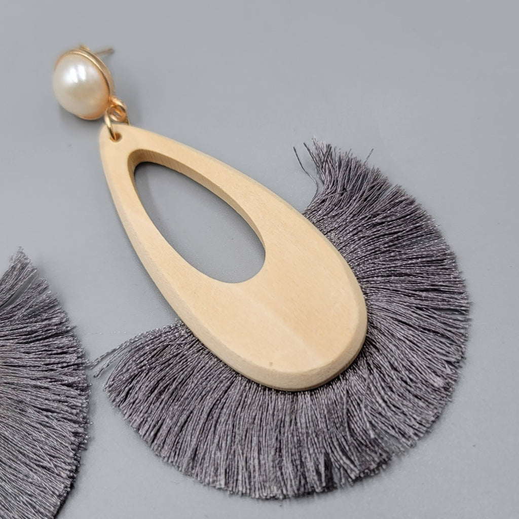 Statement Dangle Earrings Gold Tone Teardrop Faux Pearl Gray Fringe Boho (BC2)