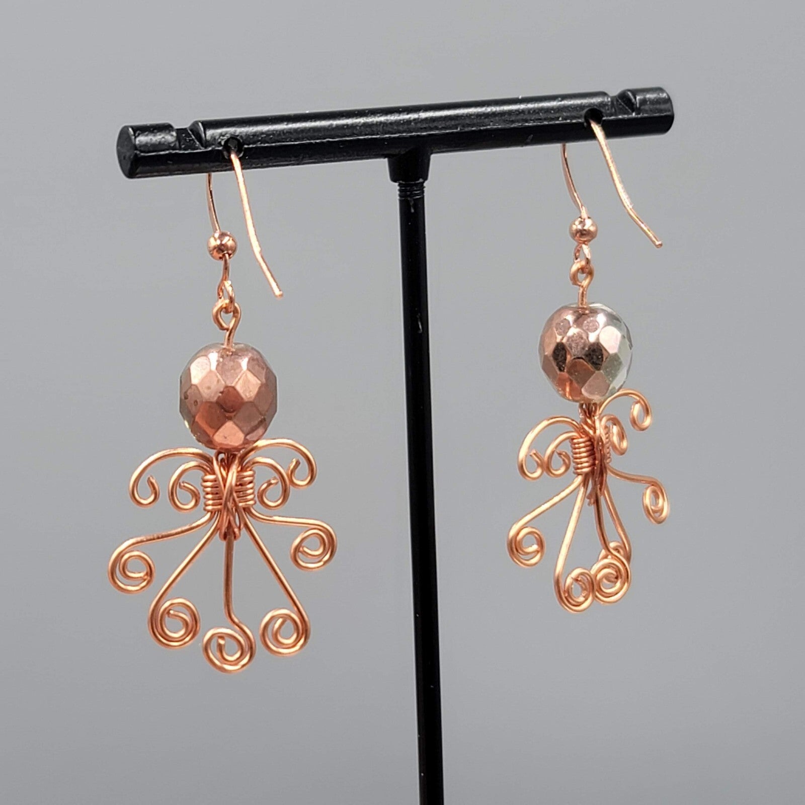 Wire Wrapped Angel Pierced Earrings Copper tone Dangle 1.5"