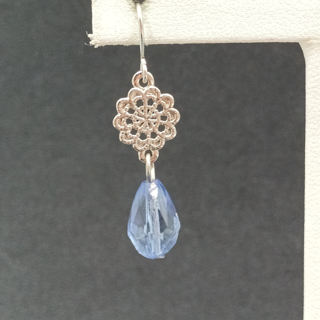 Pierced Earrings Silver tone Open Work Blue Faceted Glass Bead Dangle 1 1/4"