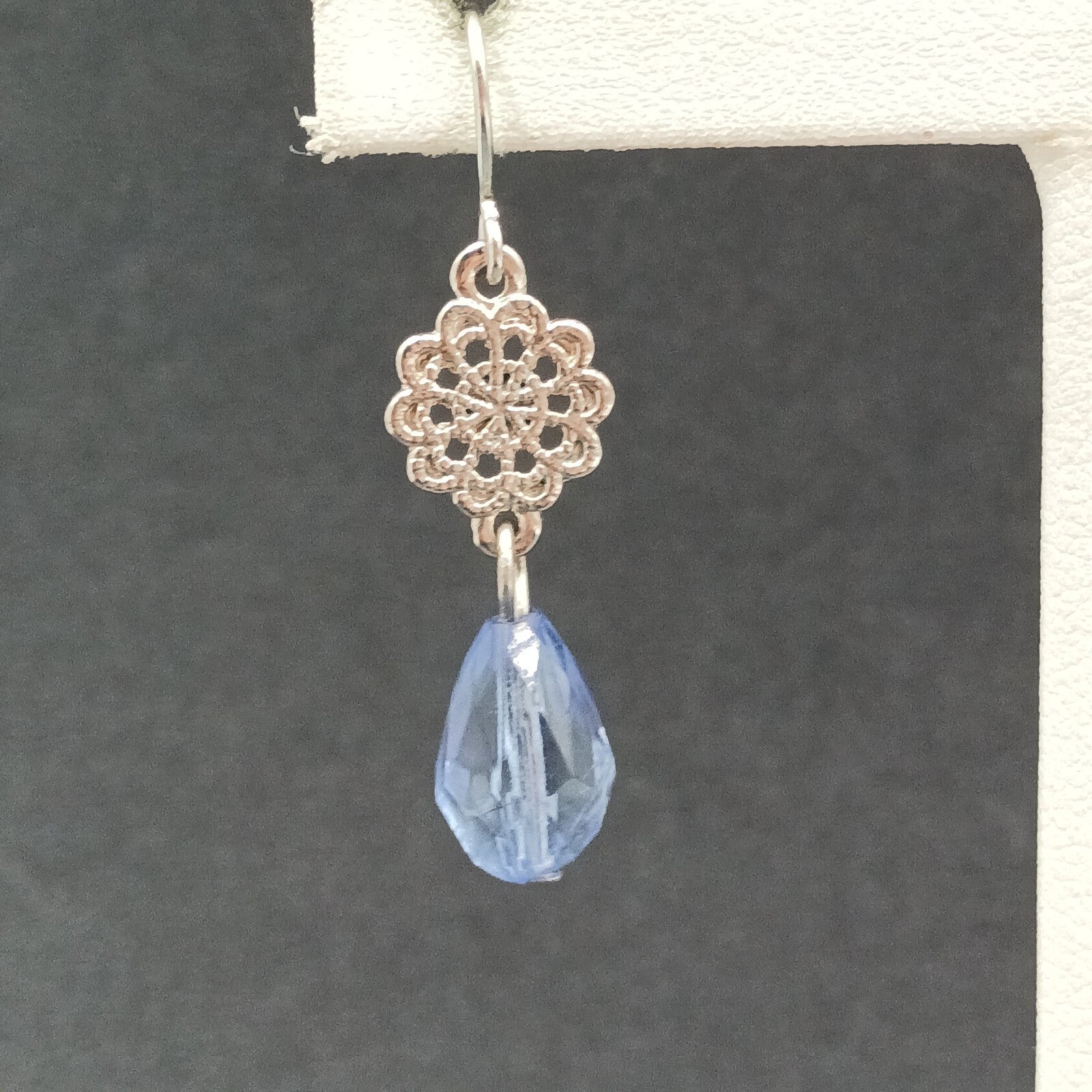 Pierced Earrings Silver tone Open Work Blue Faceted Glass Bead Dangle 1 1/4"