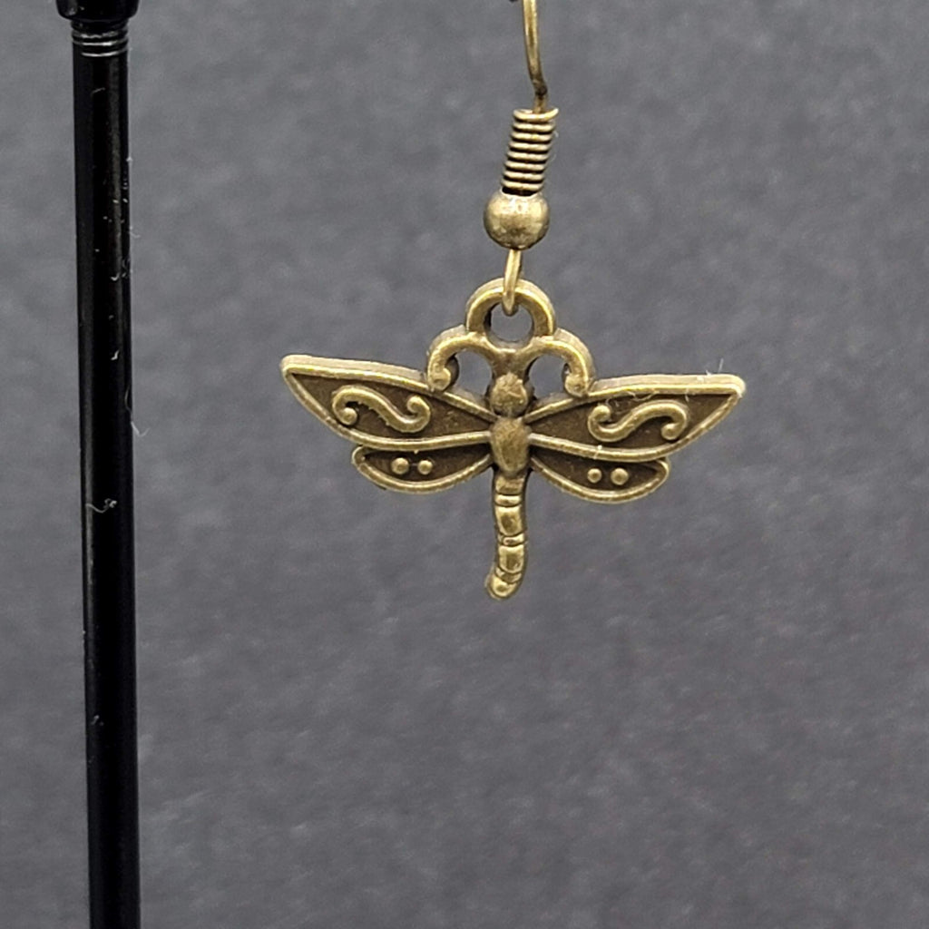 Dragonfly Pierced Earrings Dangle Bronze tone Bug Insect 5/8"
