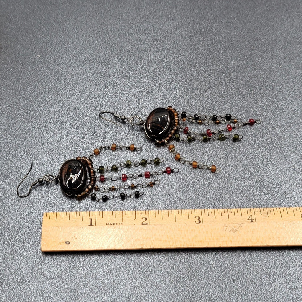 Boho Pierced Earrings Multi color Glass Beads Unusual Dangle Chains 2.75"