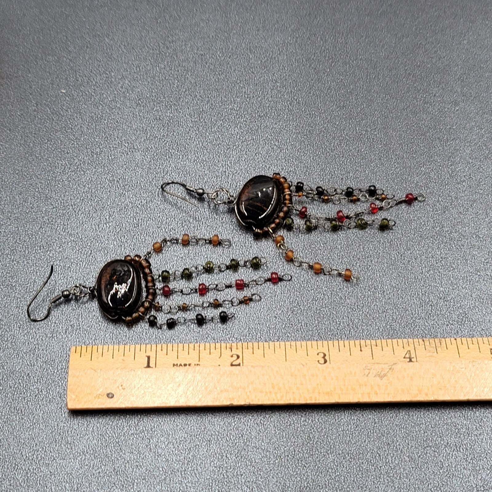 Boho Pierced Earrings Multi color Glass Beads Unusual Dangle Chains 2.75"