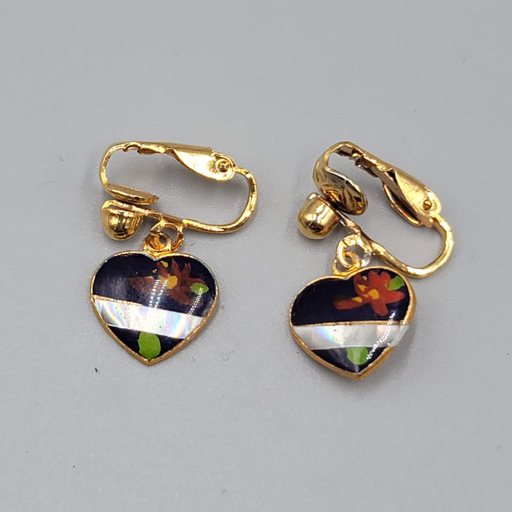 Vintage Blue Heart Dangle Clip on Earrings Gold tone Flower 1/2"