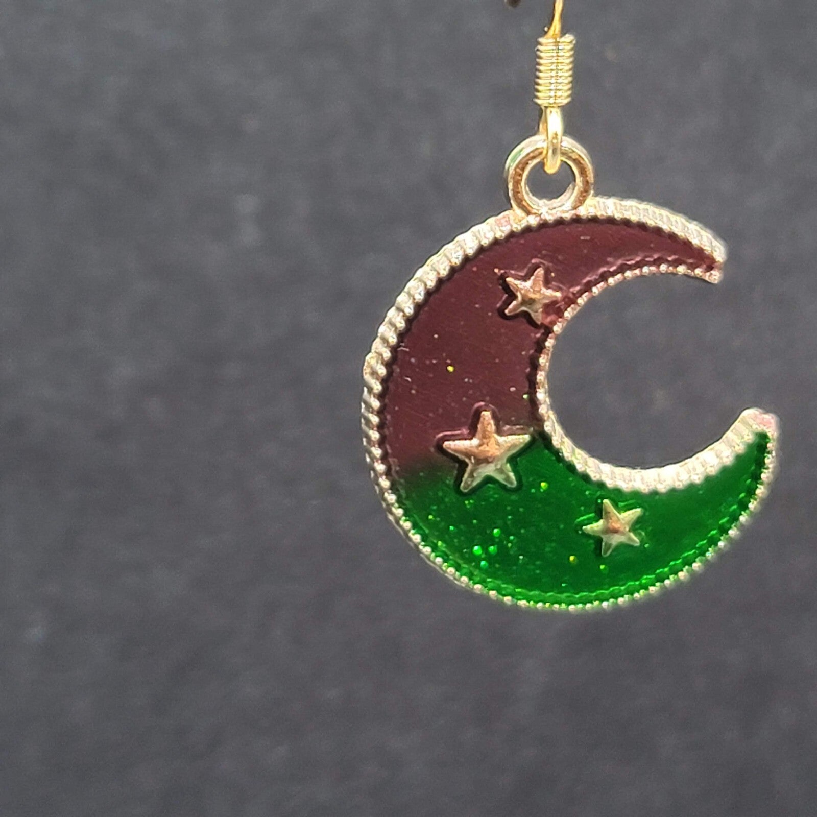 New Crescent Moon Pierced Earrings Gold tone Purple Green Enamel Dangle 7/8"
