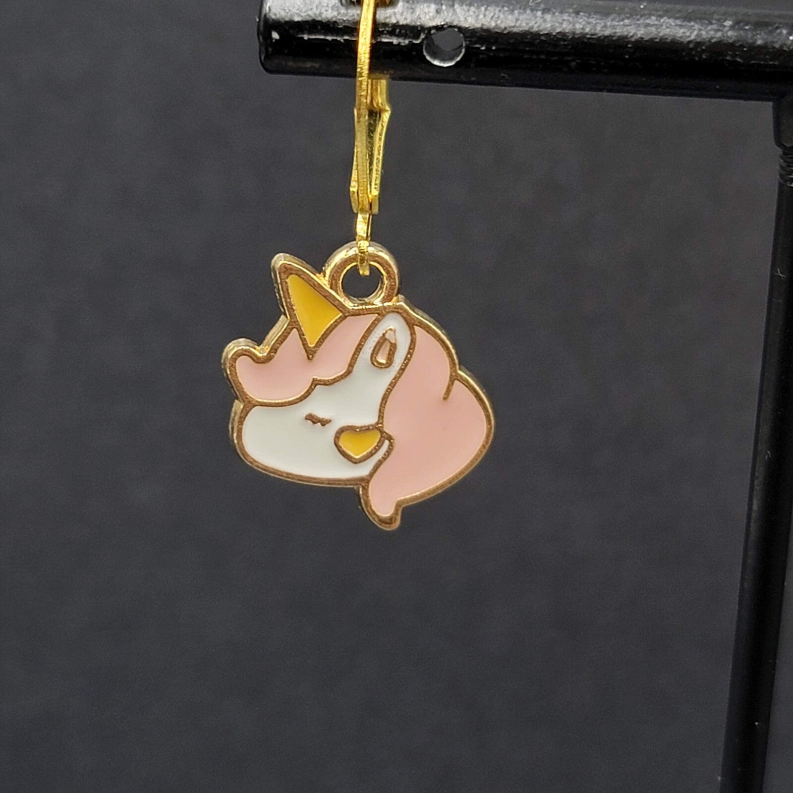 New Unicorn Pierced Earrings Gold tone Pink Enamel Dangle 5/8"