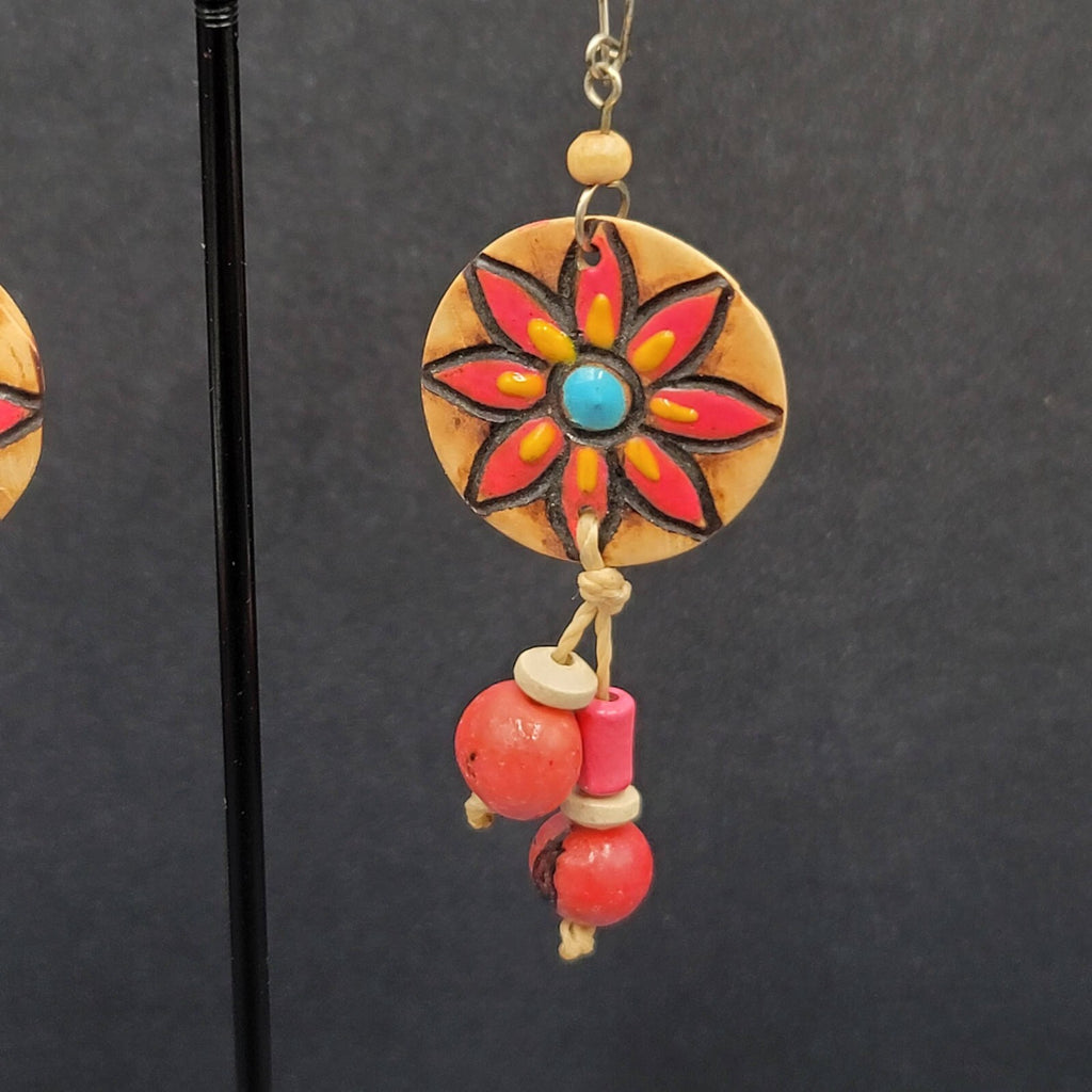 Vintage Pierced Earrings Hand Painted Carved Coconut Pink Bead Dangle 2.25"