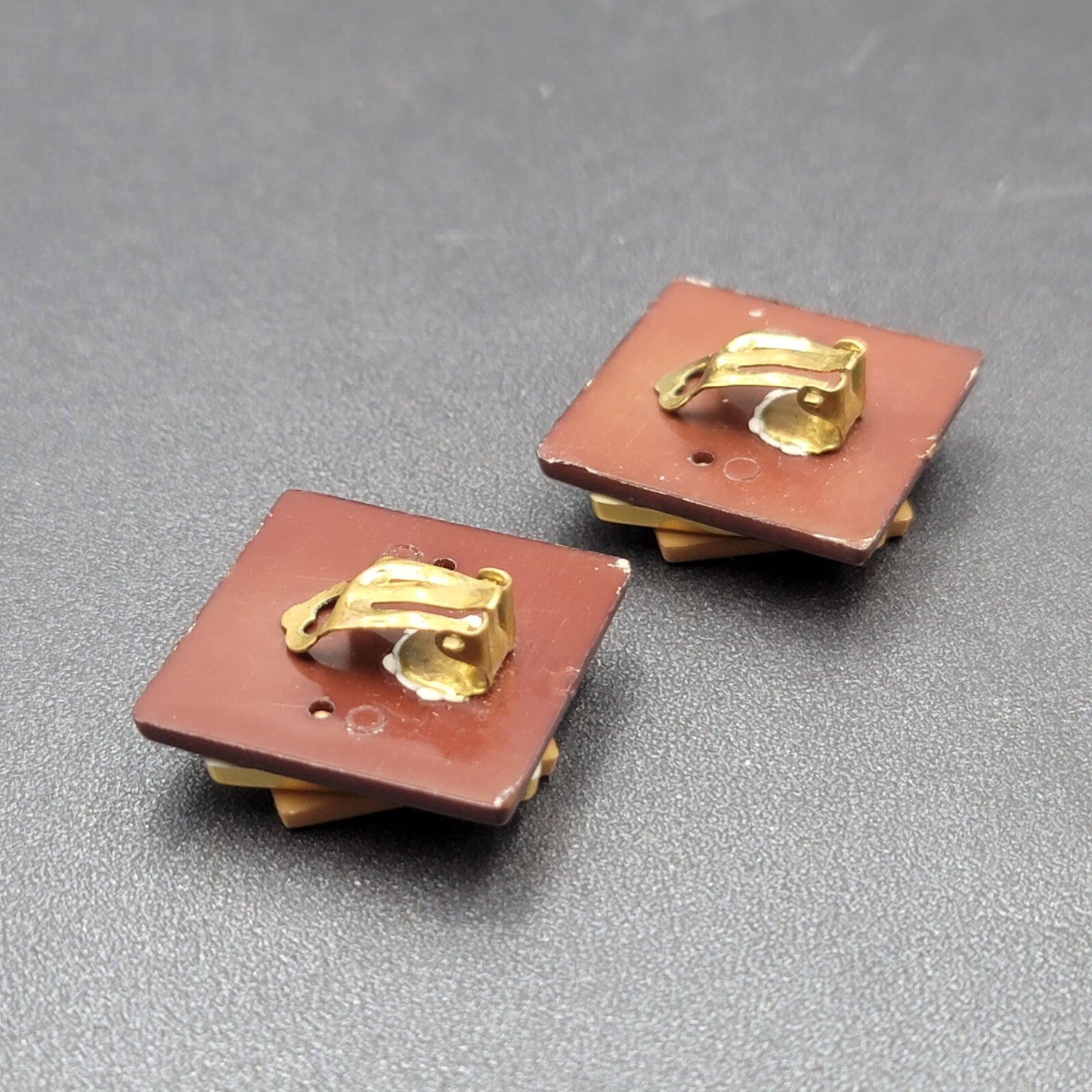 Vintage Clip on Earrings Plastic Layered Squares Brown Tan 1.25"