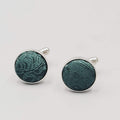 Mens Cufflinks Silver tone Round Dark Green Fabric Modern 5/8"