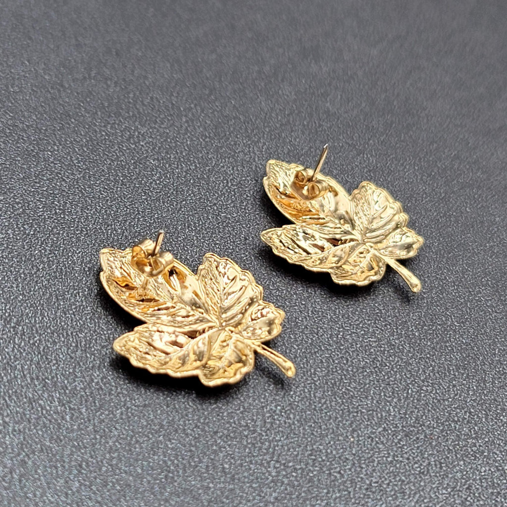 Pierced Earrings Gold tone Green Enamel Leaves Drop 1.25"