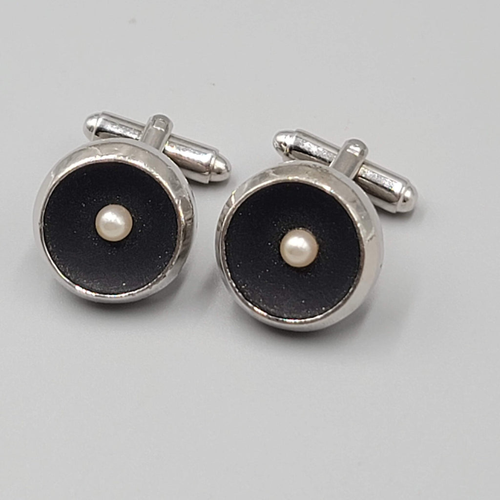 Vintage Silver tone Mens Cufflinks Black Faux Pearl Mens Estate Jewelry 3/4"