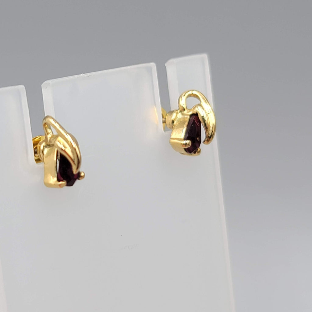 Stud Pierced Earrings Gold Plated Dark Red Stone 3/8"
