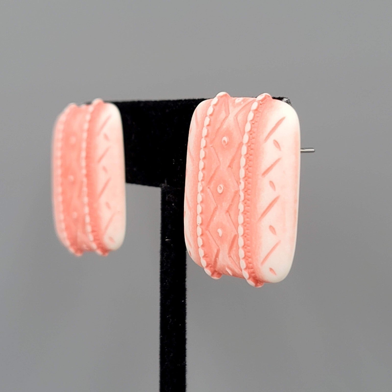 Vintage Salmon Pink White Pierced Earrings Embossed Square Drop 1"