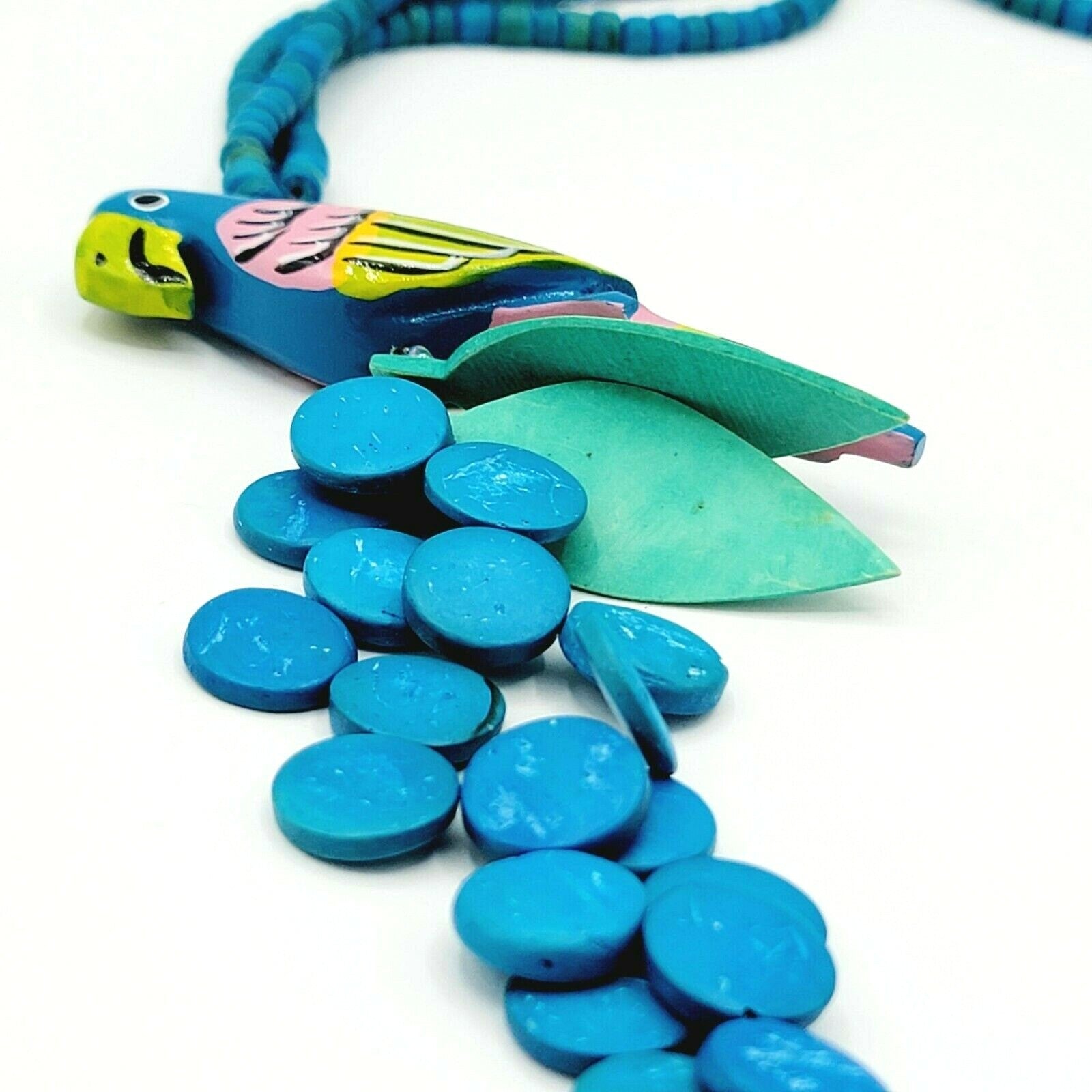 Vintage Blue Parrot Bird Coconut Bead Necklace 27 in Estate Costume Jewelry