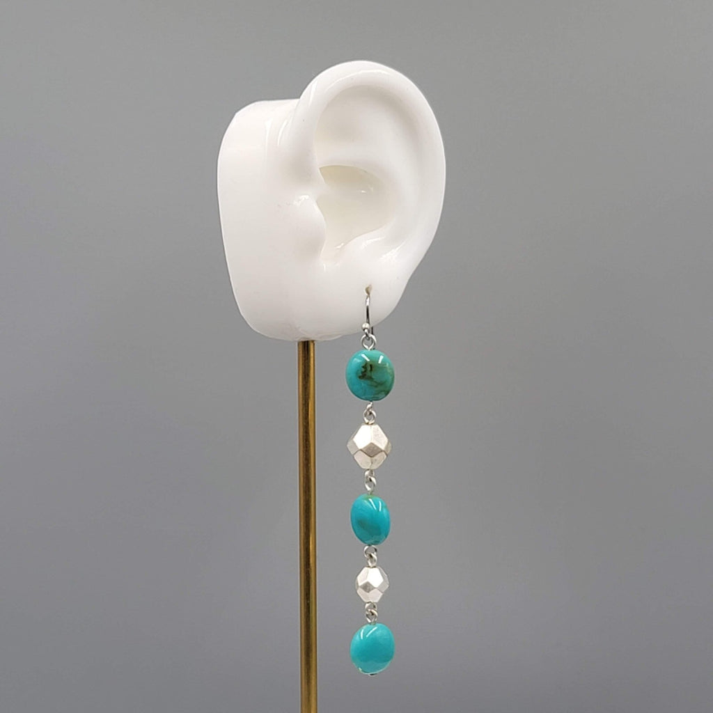 Long Bead Pierced Earrings Blue and Silver tone Dangle 3"