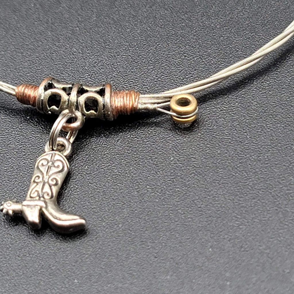 Guitar String Bangle Bracelet Cowboy Boot Charm Silver tone