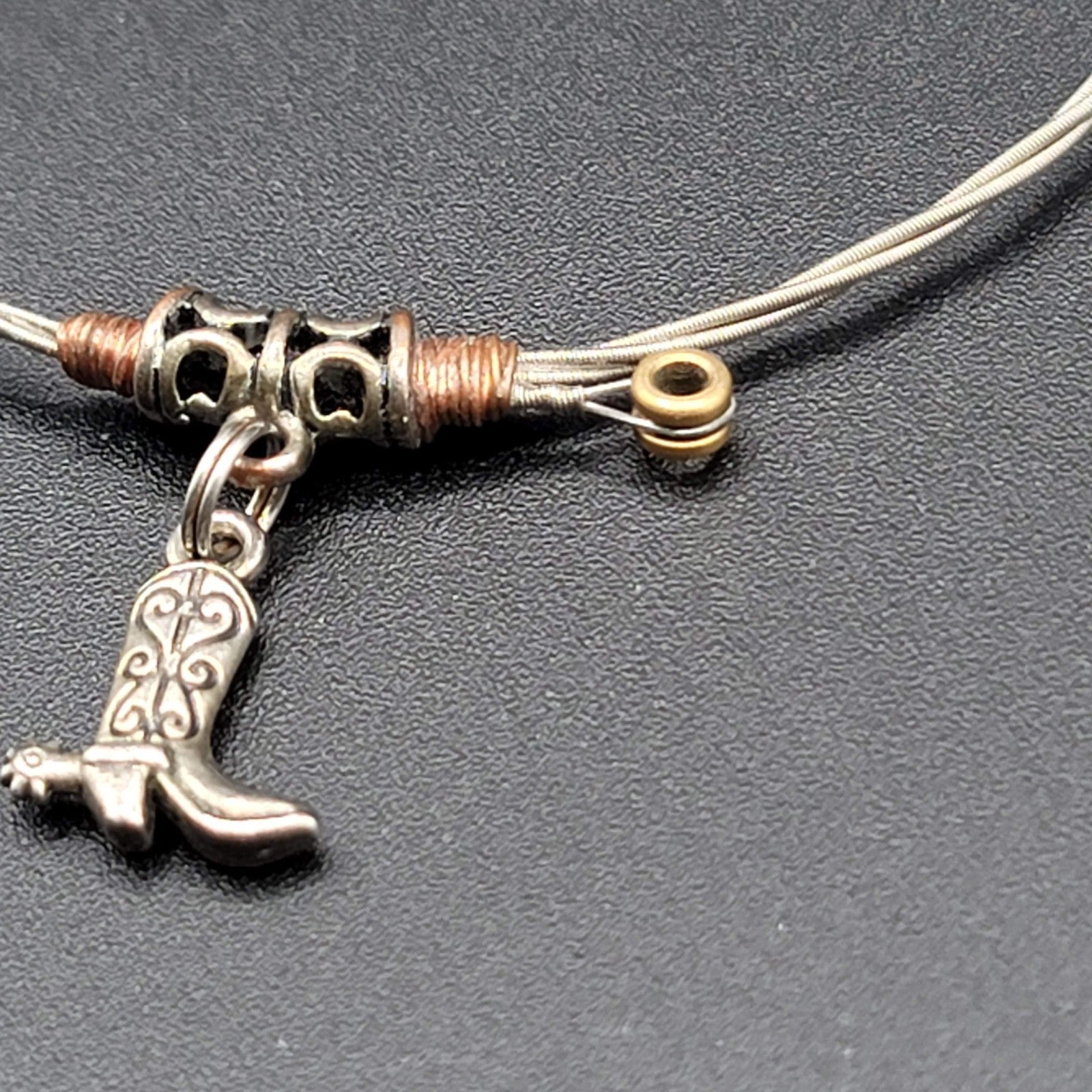 Guitar String Bangle Bracelet Cowboy Boot Charm Silver tone