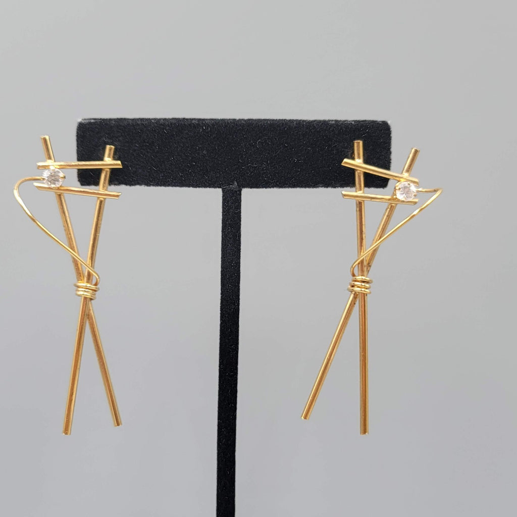 Vintage Pierced Earrings Gold tone Drop CZ Stone Unique 2 3/8"