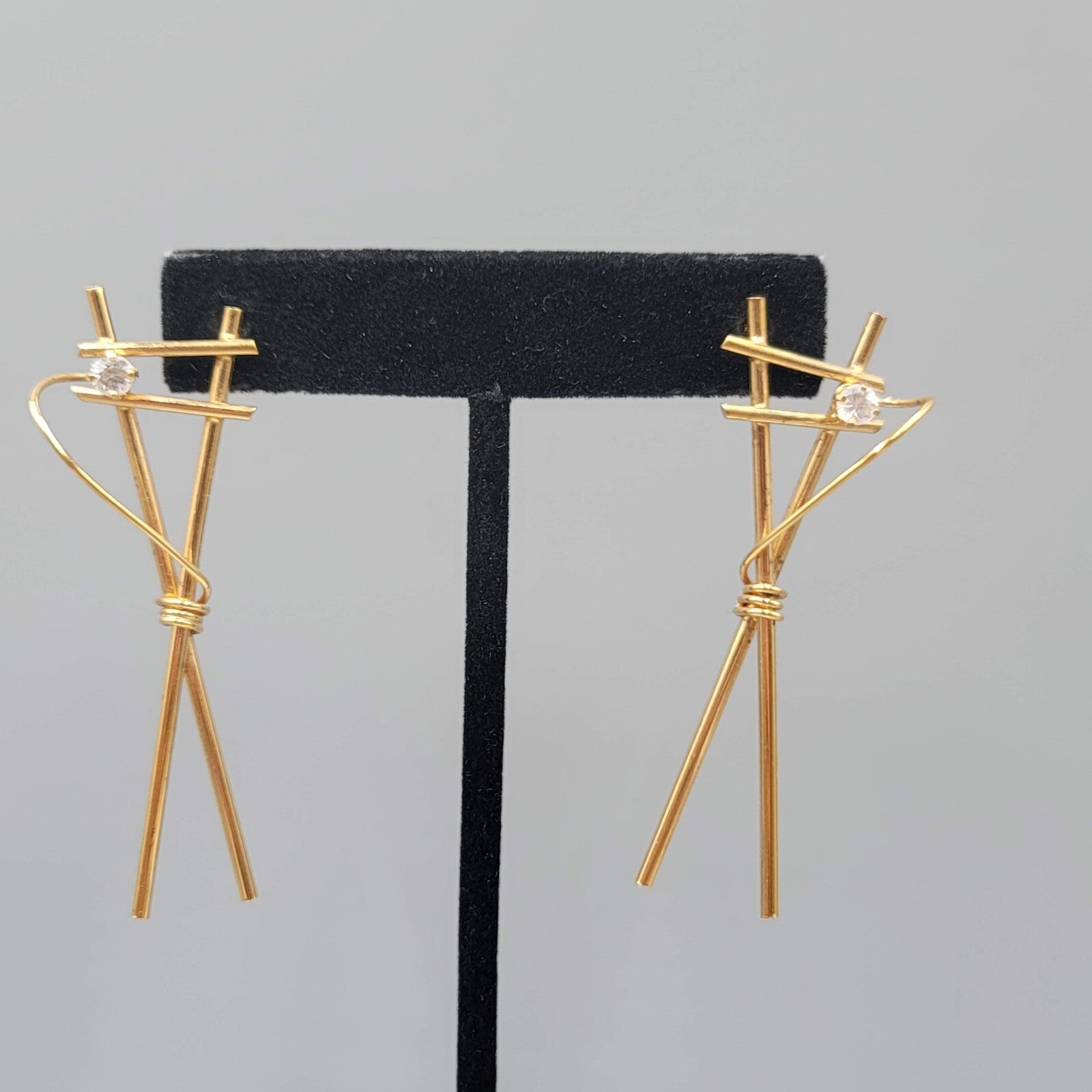Vintage Pierced Earrings Gold tone Drop CZ Stone Unique 2 3/8"