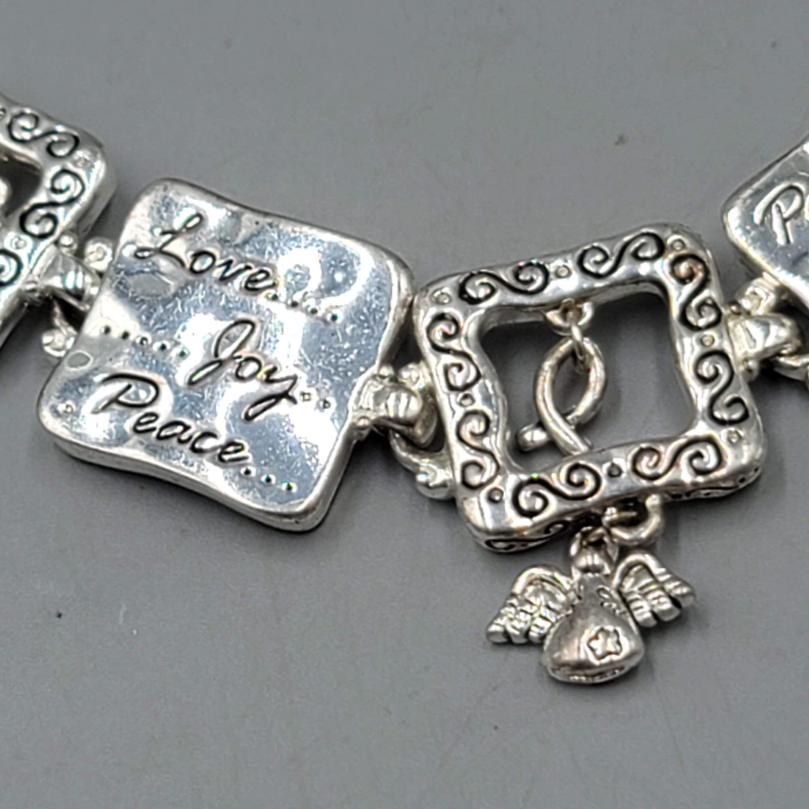 Love Joy Peace Panel Bracelet Silver tone Patience Kind Goodness 7 in