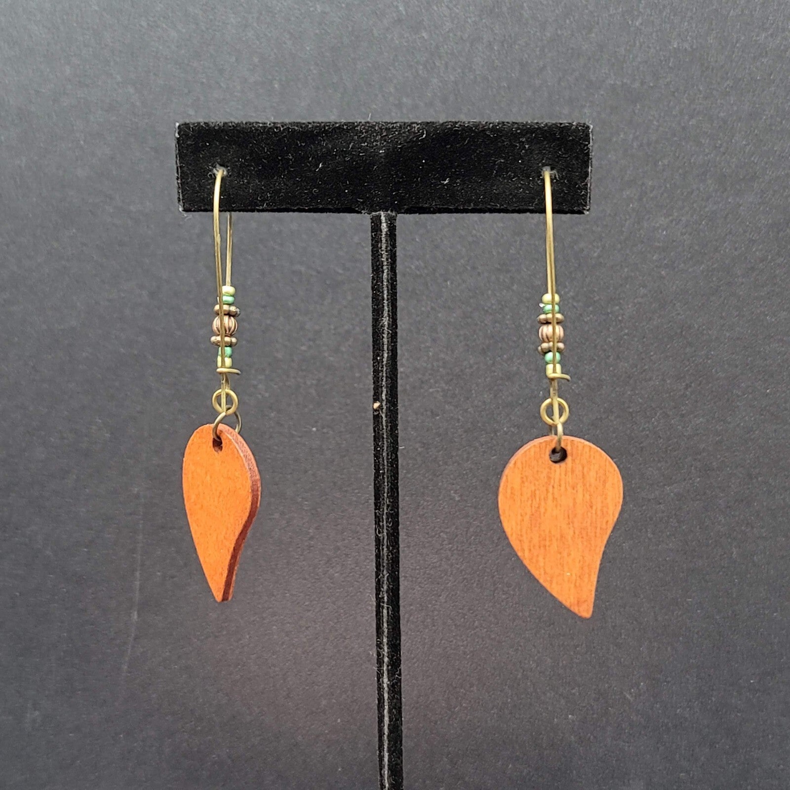 New Boho Pierced Earrings Gold tone Wood Leaf Beaded Dangle 2.75"