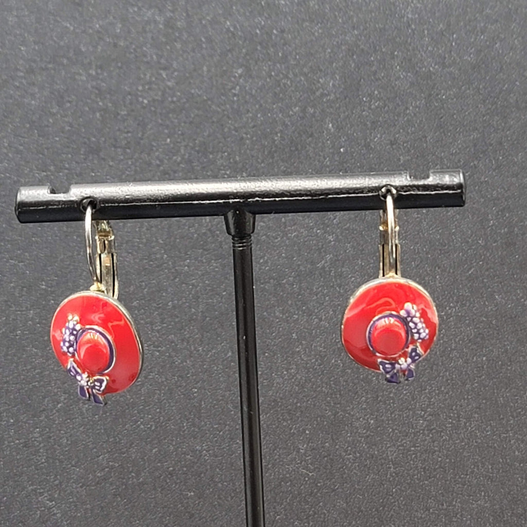 Vintage Red Hat Society Pierced Earrings Enamel Dangle Leverback 3/4"